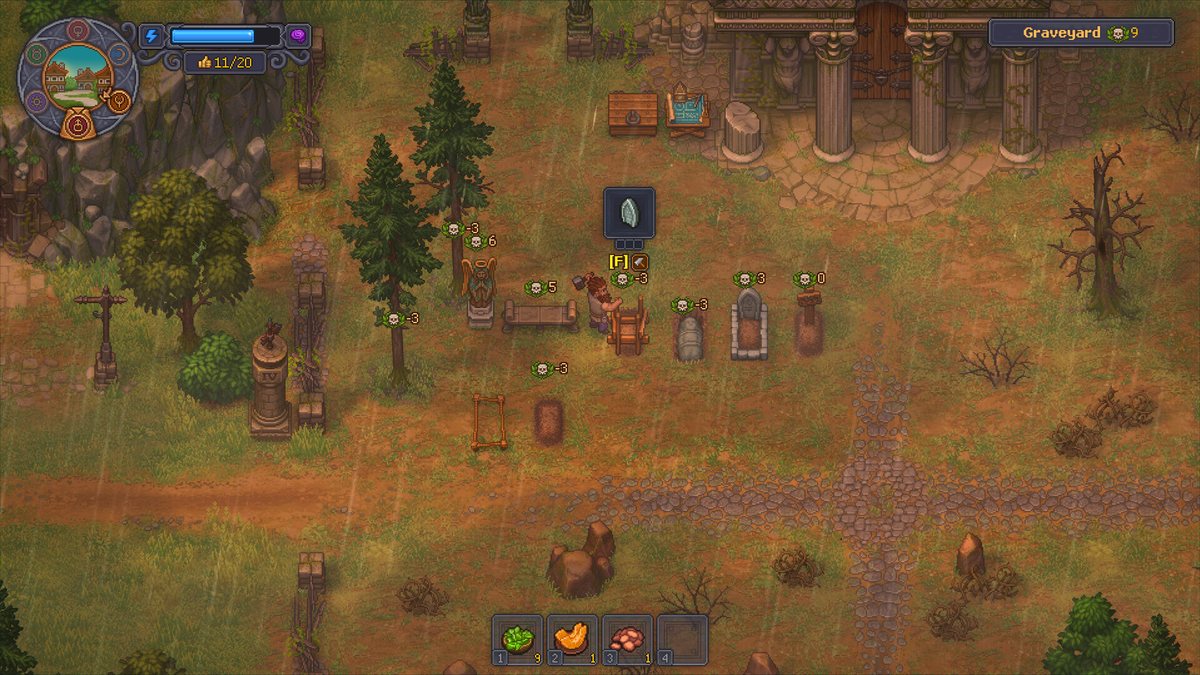Grave plots with quality ratings in a Graveyard Keeper 2 graveyard