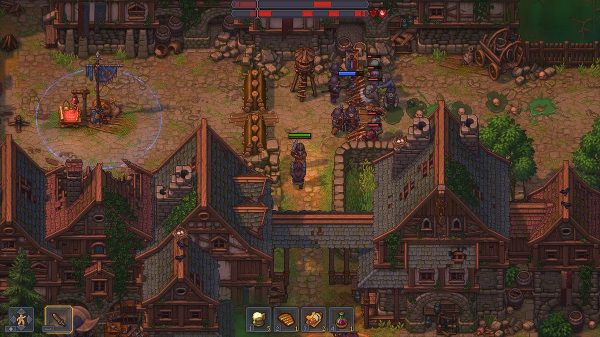 Combat and exploration in the town of Graveyard Keeper 2