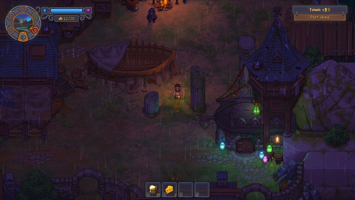 The port area of the town at night in Graveyard Keeper 2