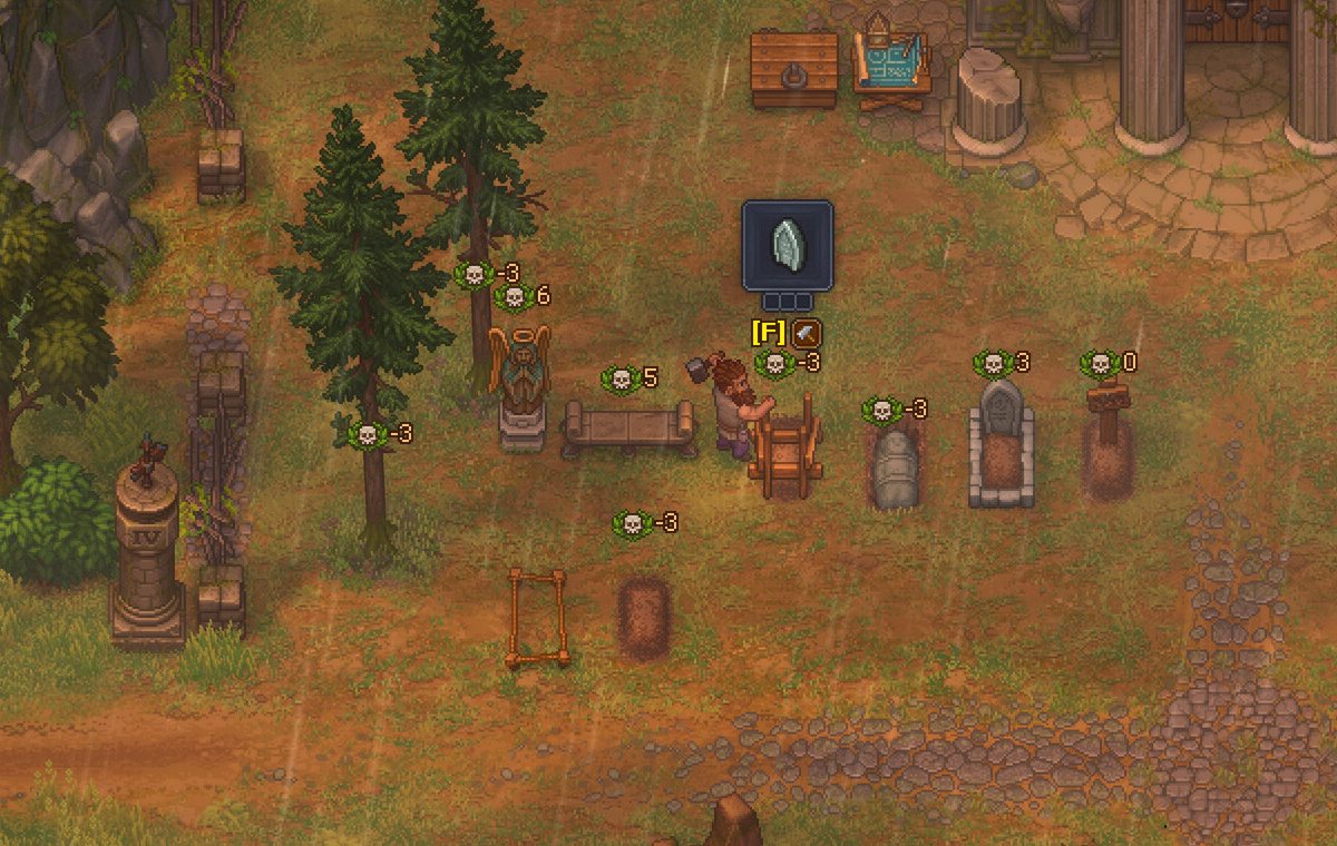 Grave plots showing quality scores above them in Graveyard Keeper 2