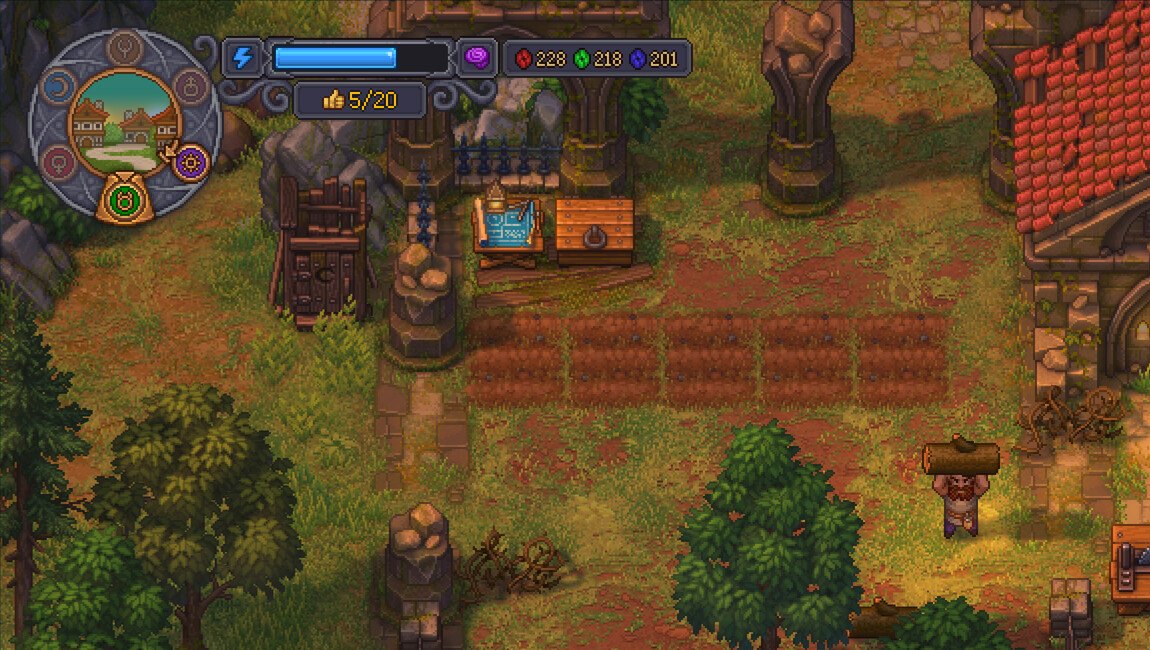 The Graveyard Keeper 2 HUD showing the energy bar and purple sanity meter